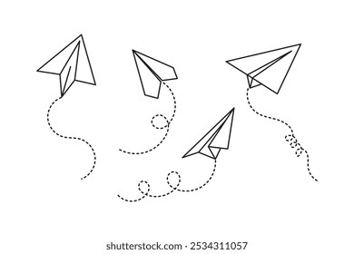 Various hand drawn paper planes. Black doodle airplanes with dotted route line. Aircraft icon, simple monochrome plane silhouettes. Outline, line art.