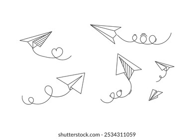 Various hand drawn paper planes. Black doodle airplanes with dotted route line. Aircraft icon, simple monochrome plane silhouettes. Outline, line art.