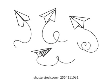 Various hand drawn paper planes. Black doodle airplanes with dotted route line. Aircraft icon, simple monochrome plane silhouettes. Outline, line art.