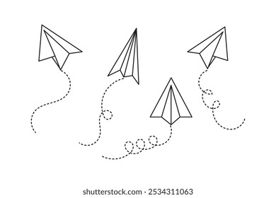 Various hand drawn paper planes. Black doodle airplanes with dotted route line. Aircraft icon, simple monochrome plane silhouettes. Outline, line art.