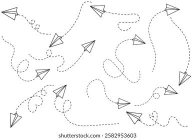 Various hand drawn paper planes. Vector paper airplane. Outline flying planes with dotted track direction. Travel or message symbol. Black linear paper plane icon