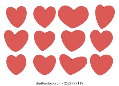 Varios corazones rojos dibujados a mano. Ilustración plana de Vector aislada sobre fondo blanco. Concepto de feliz día de San Valentín.