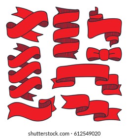 Various hand drawn set of ribbon banners doodles