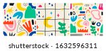 Various Hand drawn Shapes and Doodle objects. Set of three Colorful Abstract contemporary modern trendy Vector Seamless patterns. Wallpapers. Perfect for textile prints