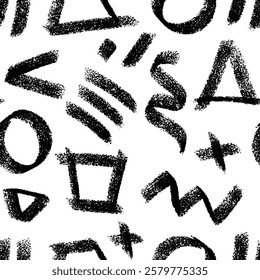 Various hand drawn shapes and doodle objects as a backdrop. Vector seamless pattern with various symbols and signs. Repeatable backdrop in black and white.