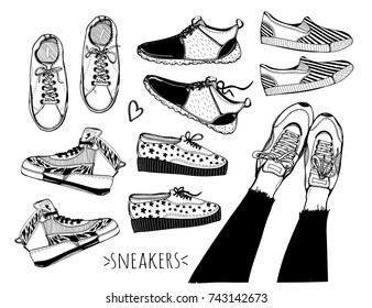 Various hand drawn sneakers and shoes. Graphic vector set. All elements are isolated
