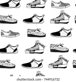 Various hand drawn sneakers and shoes. Graphic vector seamless pattern