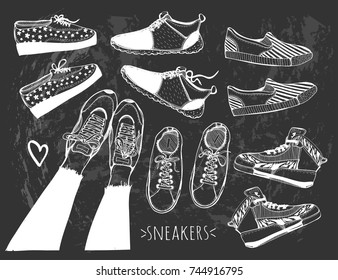 Various hand drawn sneakers and shoes. Graphic vector set. Chalkboard style. Black background. All elements are isolated