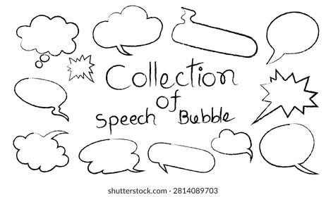 Various hand drawn speech bubbles. many different comic book dialogue clouds. set of vector thinking and speaking graphics. white background with black outline illustrations dialogue expression