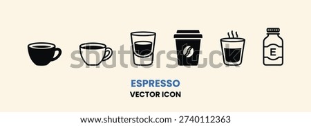 Various hand drawn style espresso and coffee icons including cups, shot glass, and disposable cup, perfect for cafe menus or digital designs.