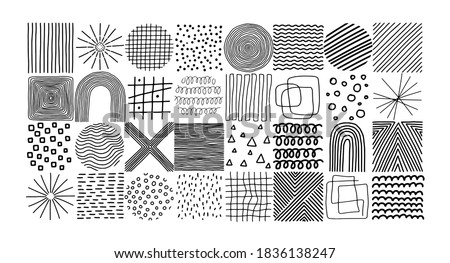 Various hand drawn textures, abstarct shapes, dots, lines, rainbows, design elements, objects. 