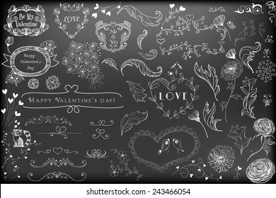 Various hand    drawn Valentines day design elements    hearts  frames  flowers  dividers  birds chalkboard background