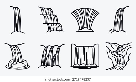 Diversas ilustraciones de cascada dibujadas a mano en diferentes estilos y Formas uno