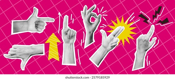 Various hand gestures art collage halftone vector illustration set. Showing support and right direction by body language on pink background