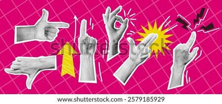 Various hand gestures art collage halftone vector illustration set. Showing support and right direction by body language on pink background