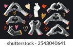 Various Hand Gestures Creating Hearts halftone collage on Black Background