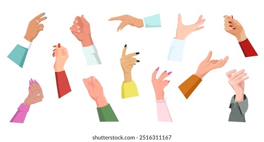 Various hand gestures in different sleeve colors. Vector illustration