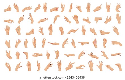 Various hand gestures in a diverse set of poses and styles. Vector illustration