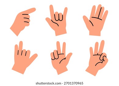 Verschiedene Handgesten im flachen Minimalstil für Kommunikation, Bildung oder Symboldesign. Ideal für Infografiken, Poster und Illustrationsprojekte der Benutzeroberfläche.