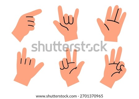 Various hand gestures in flat minimal style for communication, education, or symbol design. Perfect for infographics, posters, and UI illustration projects.