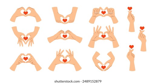 Various Hand Gestures Forming Heart Shapes With Red Heart Icons. Image Symbolizes Love, Care, And Affection