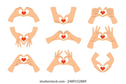 Various Hand Gestures Forming Heart Shapes With Red Hearts Inside. Vector Illustration Depicts Love, Care, And Affection