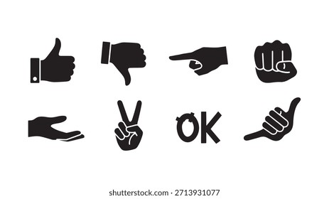 Varios iconos de gestos de mano, incluidos los pulgares hacia arriba, pulgares hacia abajo, apuntando, puño, palma abierta, paz y símbolo OK, que representan diferentes formas de expresión humana.
