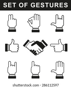 Various hand gestures. The icons on the white background.  Vector illustration.