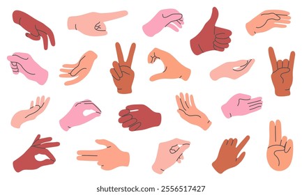 Various hand gestures in a minimalistic style. Hands in diverse skin tones showing gestures like thumbs up, peace sign, and pointing. Perfect for infographics, social media, and design projects.