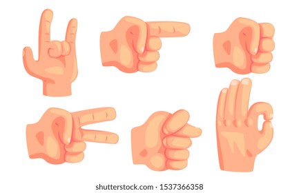 Various Hand Gestures Set, Male Hand Showing Different Signs and Emotions Vector Illustration