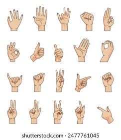 Various hand gestures and signs shown in cartoon style on a white background. Concept of body language and communication. Vector illustration