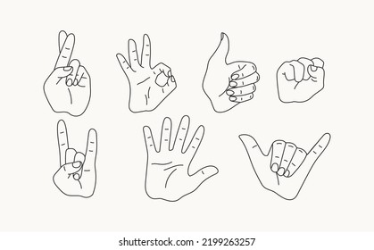Various hand gestures. Vector hand drawn linear illustration. All elements are isolated.