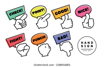 Various hand icon set Hand sign Nice Good Nice Bad Check point Punch Guts