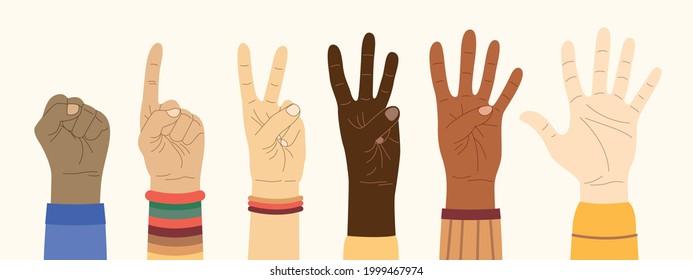 Various hand icons with finger count. Set of Hand gesture symbols.  Counting by bending fingers. Cartoon style.All elements are Isolated. Hand drawn colored trendy vector illustration.  Flat design. 