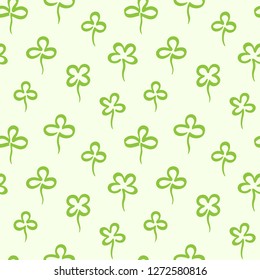 Various hand marker drawn clover leaves, shamrock seamless repeat vector pattern. St. Patrick's day, spring background. Stylized simple doodle style different trefoil, quatrefoil outline texture.