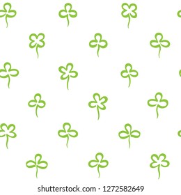 Various hand marker drawn clover leaves, shamrock seamless repeat vector pattern. St. Patrick's day, spring background. Stylized simple doodle style different trefoil, quatrefoil outline texture.