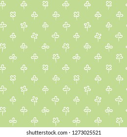 Various hand marker drawn clover leaves, tiny shamrock seamless repeat vector pattern. St. Patrick's day, spring background. Stylized simple doodle style different trefoil, quatrefoil outline texture.