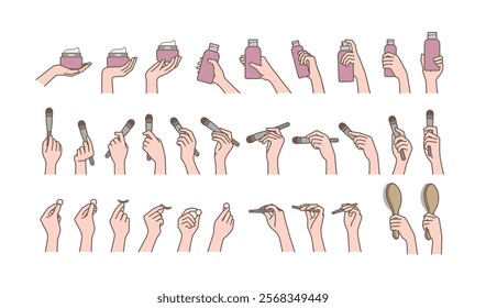 Various hand positions. Different kinds of hand pose. Holding cosmetic container and tweezers. Grabbing brush and comb.