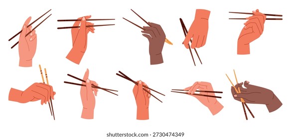 Various hand positions holding empty chopsticks, showcasing different skin tones and grips, ideal for Asian cuisine or instructional concepts, isolated on white background vector illustration