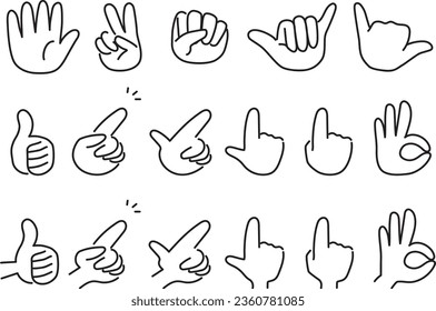 Various hand signs monochrome icon set. Hand poses such as pointing, OK sign, etc.