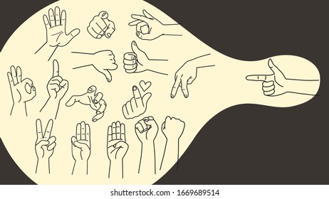Various hand symbols isolated. Hand collection .Drawn vector outline. Set of hands and gestures