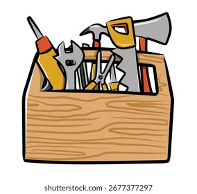 Verschiedene Handwerkzeuge, einschließlich Hammer, Säge, Schraubenschlüssel, Schraubenzieher, Zange und Axt, angeordnet in einer hölzernen Werkzeugkasten-Clipart-Illustration, die Bau, Reparatur, Werkstatt und industrielle Ausrüstung symbolisiert