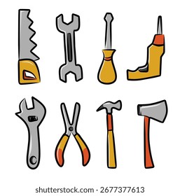 Verschiedene Handwerkzeuge einschließlich Hammer, Säge, Schraubenschlüssel, Schraubenzieher, Zange und Axt-Illustration im Cartoon-Stil symbolisieren Bau, Reparatur, Werkstatt und industrielle Ausrüstung