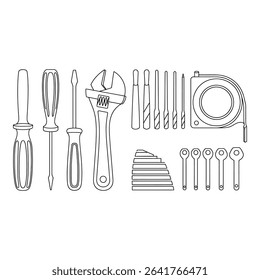 Various hand tools isolated on white background in a line drawing