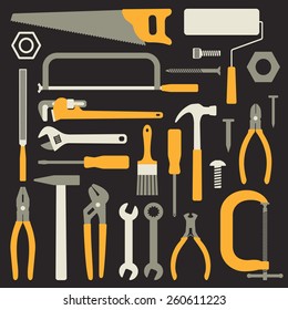 Various hand tools vector silhouette icons on black background