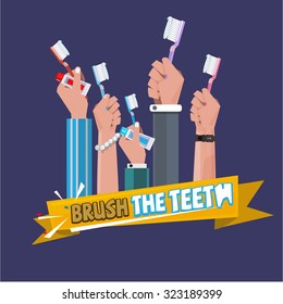 various hand with toothbrush. brushing the teeth concept. healthy teeth - vector illustration