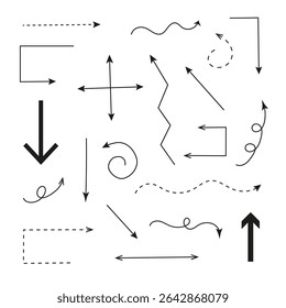 Vários desenhos de setas desenhadas à mão apresentando linhas retas, curvas, espirais e estilos tracejados