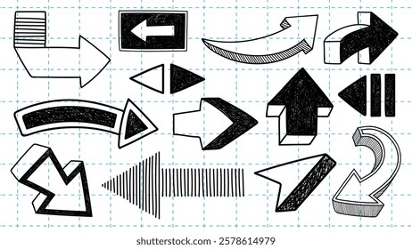 Various hand-drawn arrows in different styles and directions on a grid background. Arrows include curved, straight, and block designs, emphasizing direction and movement. Hand drawn element vector set