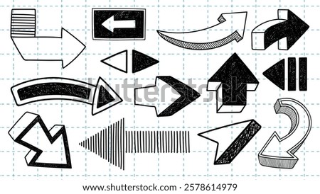 Various hand-drawn arrows in different styles and directions on a grid background. Arrows include curved, straight, and block designs, emphasizing direction and movement. Hand drawn element vector set