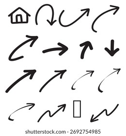 Various hand-drawn arrows and a small house and rectangle icon.
